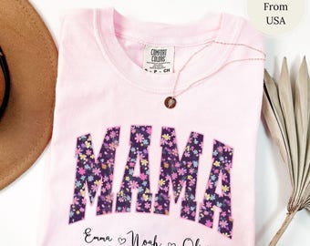 Camiseta Comfort Colors® Floral para Mamá, Camiseta personalizada para mamá, Camiseta personalizada para mamá con los nombres de los niños, Camiseta de regalo para el Día de la Madre