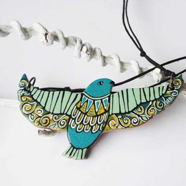 Bird Necklace Wood Animal Necklace Tribal Necklace Mint Green Bird Totem Woodland Necklace Made to Order