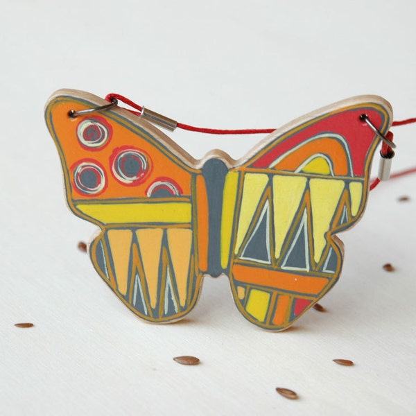 Colorful Butterfly Necklace Hand Painted on Wood Art Pendant Animal Necklace