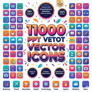 May include: A vibrant graphic showcasing 11,000 vector icons suitable for presentations, websites, and print materials. The icons are categorized, including business, travel, and education. Text elements highlight features such as "Easy to Edit" and "Instant Download".