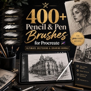 May include: A digital art bundle advertisement. The image features a tablet displaying a detailed architectural sketch, a stylus, and various drawing tools. Text reads "400+ Pencil & Pen Brushes for Procreate" and "Ultimate Sketching & Drawing Bundle."