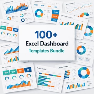 May include: A collection of printed Excel dashboard templates. The central image displays the text "100+ Excel Dashboard Templates Bundle" in blue and teal. Various charts and graphs are visible, with data presented in blue, orange, and teal.