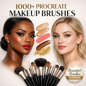 Puede incluir: Imagen que presenta a dos mujeres maquilladas y una colección de brochas de maquillaje. El texto en la parte superior dice "1000+ Procreate Makeup Brushes". También son visibles muestras de base y purpurina. Una insignia circular dice "Beautiful Brushes, Smooth Results."