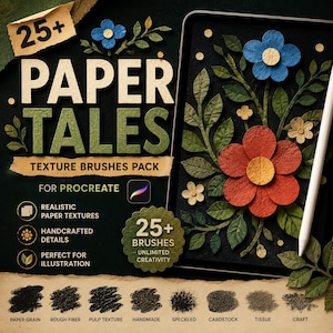 May include: A digital texture brush pack titled Paper Tales for Procreate, featuring a tablet displaying paper-cut style floral art, a white stylus, and a bottom row of eight distinct black and gray texture swatches labeled paper grain, rough fiber, pulp texture, handmade, speckled, cardstock, tissue, and craft.