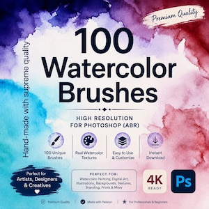May include: A digital art product image with the text "100 Watercolor Brushes". The image features watercolor textures and icons for unique brushes, textures, and instant download. The product is for artists, designers, and creatives.