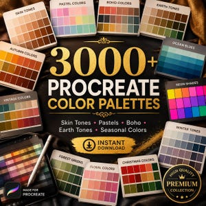 以下が含まれることがあります： 3000種類以上のProcreateカラーパレットのデジタルコレクション。スキントーン、パステルカラー、ボヘミアンカラー、アースカラー、オーシャンブルー、ネオンシェード、ヴィンテージカラー、ウィンタートーン、フォレストグリーン、フローラルカラー、クリスマスカラーなどのラベルが付いた色見本が含まれています。