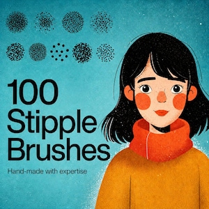 May include: Illustration featuring a smiling cartoon character with black hair and an orange scarf and sweater. The text reads "100 Stipple Brushes" with the tagline "Hand-made with expertise." Above the text are several black stipple brush examples.