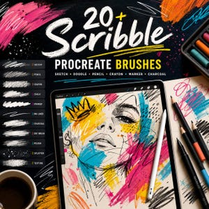May include: A digital art set titled 20+ Scribble Procreate Brushes featuring a tablet displaying a colorful portrait sketch, a white stylus, and various drawing tools. The text includes Sketch, Doodle, Pencil, Crayon, Marker, and Charcoal.