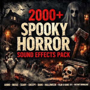 Op de afbeelding: Een digitale afbeelding met de tekst "2000+ SPOOKY HORROR SOUND EFFECTS PACK". De afbeelding toont een spookhuis, een spookachtige figuur, een bebloede bijl, een schedel en andere horrorthema-elementen. Trefwoorden: Audio, muziek, eng, griezelig, donker, Halloween, film, game SFX, direct downloaden.