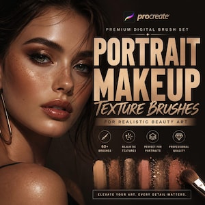May include: A promotional image for a Procreate digital brush set. The image features a woman with detailed makeup and the text "PORTRAIT MAKEUP TEXTURE BRUSHES" in gold. The image also includes text that says "60+ BRUSHES" and "ELEVATE YOUR ART. EVERY DETAIL MATTERS."