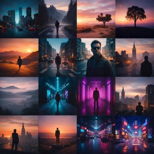 May include: A series of digital art images depicting silhouetted figures in diverse urban and natural environments. The scenes include cityscapes, roads, and landscapes at dusk or dawn, with vivid colours and dramatic lighting.