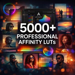 May include: An advertisement for Affinity software with the text "5000+ PROFESSIONAL AFFINITY LUTS." The image includes a colour wheel, a software interface, and portraits of people wearing sunglasses. The background has a sunset theme.
