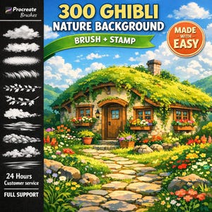 May include: Digital art product featuring a whimsical cottage with a green roof, surrounded by flowers and a stone path. The image includes the text "300 GHIBLI NATURE BACKGROUND BRUSH + STAMP" and "MADE WITH EASY". Also includes Procreate Brushes and customer service information.
