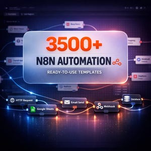 Könnte beinhalten: Digitalgrafik mit dem Text "3500+ N8N AUTOMATION READY-TO-USE TEMPLATES". Das Bild zeigt miteinander verbundene Kästchen mit den Bezeichnungen "HTTP Request", "Google Sheets", "Email Send", "Webhook" und "Database" mit leuchtenden Linien.