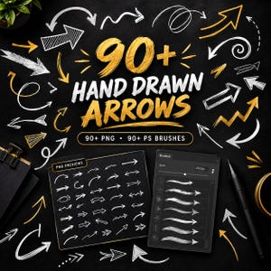 Może przedstawiać: Cyfrowa kolekcja ponad 90 ręcznie rysowanych strzałek w kolorze złotym i białym na czarnym tle. Tekst głosi 90+ HAND DRAWN ARROWS, 90+ PNG oraz 90+ PS BRUSHES. Zawiera panel podglądu z różnymi stylami strzałek oraz menu ustawień pędzla.