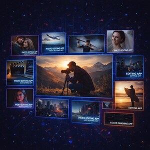 May include: A digital graphic displaying interfaces for photo and video editing apps. The image presents multiple screens with photos of people, landscapes, and action shots, with text overlays such as "Photo Editing App" and "Video Editing App".