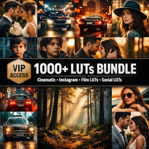 May include: A collage of images featuring couples, cars, and nature scenes. The central image displays the text "1000+ LUTs BUNDLE" with the words "Cinematic, Instagram, Film LUTs, Social LUTs" below it, and a "VIP ACCESS" badge.