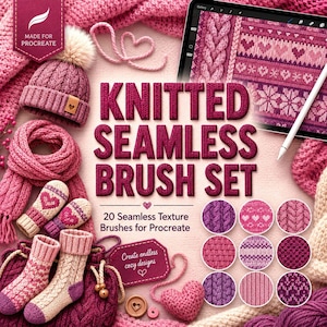 May include: A digital brush set for Procreate titled KNITTED SEAMLESS BRUSH SET, featuring 20 seamless texture brushes. The image displays pink and purple knitted items including a beanie, scarf, mittens, and socks, alongside circular pattern swatches.