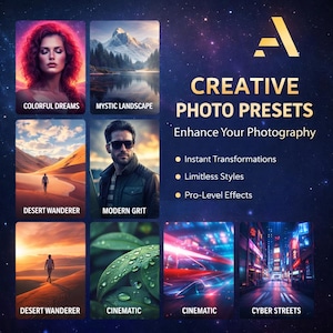 May include: An advertisement for photo presets, set against a dark blue backdrop with a gold logo and text. The image displays sample photos with titles such as "MYSTIC LANDSCAPE" and "CINEMATIC", promoting "CREATIVE PHOTO PRESETS" to enhance photography.