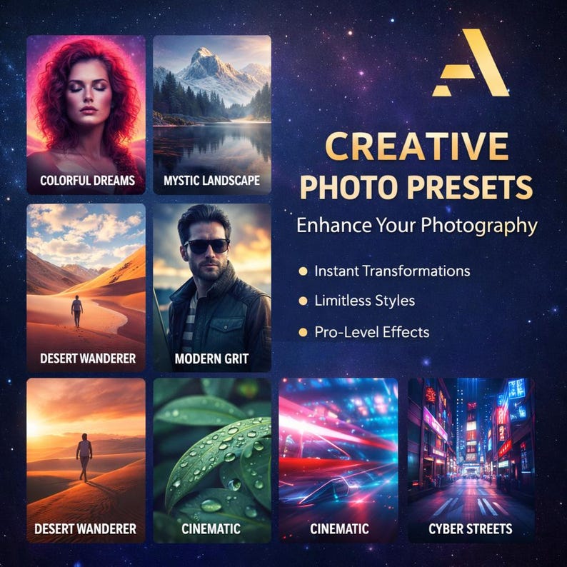 May include: An advertisement for photo presets, set against a dark blue backdrop with a gold logo and text. The image displays sample photos with titles such as "MYSTIC LANDSCAPE" and "CINEMATIC", promoting "CREATIVE PHOTO PRESETS" to enhance photography.