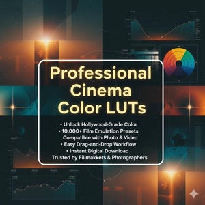 May include: A digital advert for "Professional Cinema Color LUTs" against a dark, space-themed backdrop. The text promotes features such as Hollywood-grade colour, 10,000+ film emulation presets, and an easy drag-and-drop workflow. Trusted by filmmakers and photographers.