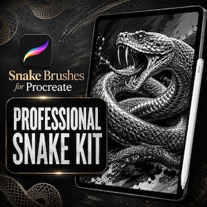 Puede incluir: Una tableta digital que muestra una ilustración en blanco y negro de una serpiente enroscada con los colmillos expuestos. La pantalla incluye el texto Professional Snake Kit y Snake Brushes for Procreate. Un lápiz blanco está sujeto al lateral.