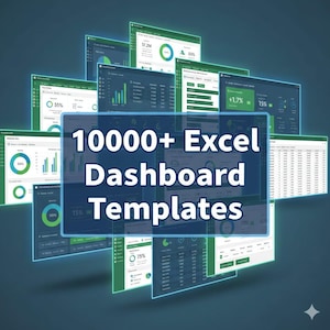May include: A digital graphic showcasing multiple computer screens displaying Excel dashboard templates. The screens feature charts, graphs, and data visualizations in shades of green and white. The central text reads "10000+ Excel Dashboard Templates."