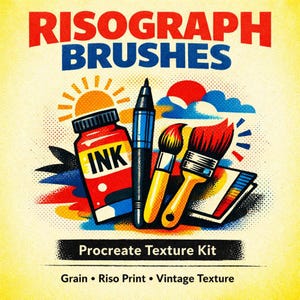 Puede incluir: Ilustración de herramientas de arte digital con las palabras "RISOGRAPH BRUSHES" en rojo y azul. La imagen incluye un frasco de tinta roja, un bolígrafo negro, dos pinceles y un bloc de notas. También se ve el texto "Procreate Texture Kit".