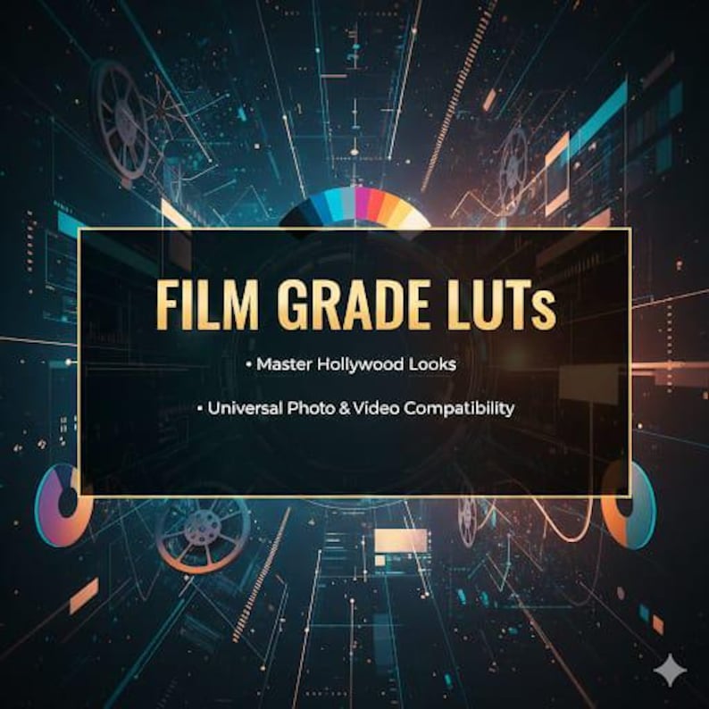 May include: Digital graphic featuring the text "FILM GRADE LUTS" in gold. The image has a dark background with a network of lines and shapes in blue, teal, and gold. Additional text reads "Master Hollywood Looks" and "Universal Photo & Video Compatibility."