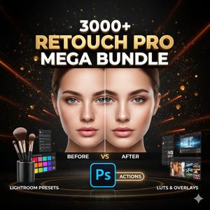May include: An advertisement for a Retouch Pro Mega Bundle. The image shows a woman's face before and after retouching, with text that reads "Before" and "After." The image also includes makeup brushes, Lightroom presets, and LUTs & Overlays.
