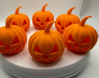 6 Pack Jack O Lantern Pumpkins, Spooky Halloween Shelf Sitter Decor (Optional LED Lights)