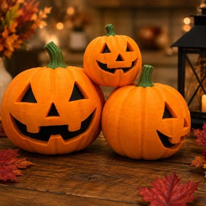 May include: Three orange jack-o'-lanterns with carved triangular eyes, noses, and wide toothy grins. The pumpkins feature green stems and are arranged in a cluster, with one smaller pumpkin resting on top of the larger ones, creating a festive display.