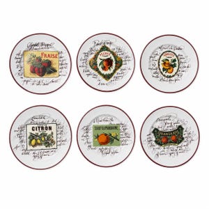 Set di 6 piatti da macedonia vintage Williams Sonoma Rosanna Harvest Market, Made in Italy, con etichetta francese, stile cottagecore, per arredamento cucina.