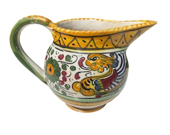 Vintage Italian Hand Painted Ceramic Creamer Pitcher Deruta Style Majolica Pottery Floral Scroll Small Jug