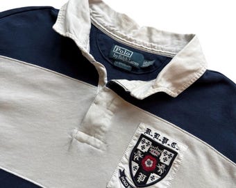 RARE! VTG 90s Polo Ralph Lauren Mens 2XL Striped Rugby Shirt Crest Logo Heavy
