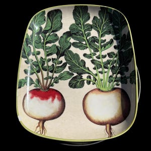 May include: Square serving platter with a cream-colored background and a botanical illustration of two radishes. The radishes have green leafy tops and are painted in shades of red, white, and brown. The platter has a green border.