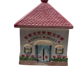 Tarro de galletas de cerámica con forma de casita rosa vintage, decoración de San Valentín, estilo cottagecore, coqueta, para el hogar millennial.