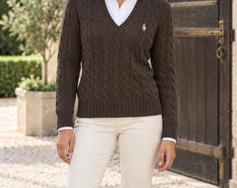 Vintage Ralph Lauren Sport Sweater M Brown Cotton Cable Knit V Neck Pony Logo, Y2K 2000s Preppy Equestrian Heritage Classic Pullover Womens