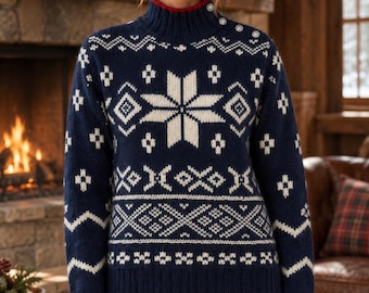 Suéter vintage Ralph Lauren Polo Sport Snowflake dos anos 90, tamanho pequeno, em lã alpaca creme e azul marinho, gola alta nórdica, com botões nos ombros, estilo chalé de esqui.