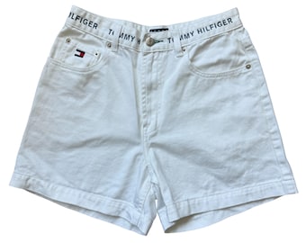 Vintage Tommy Hilfiger White Denim Shorts Logo Waistband Y2K 90s Preppy Size 8 Minimalist Preppy Retro Tenniscore Summer Capsule Classic