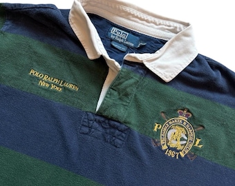RARE! VTG 90s Polo Ralph Lauren Striped Rugby Shirt Men's 2XL Crest Logo Heavy