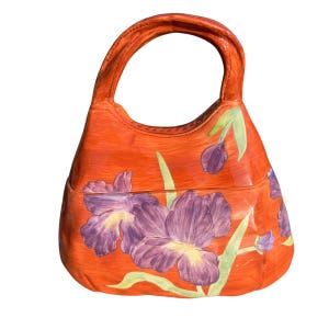 Vintage Purse Cookie Jar Orange Iris Floral Ceramic Canister Cottagecore Kitchen Decor Hand Painted Grandmillennial Collectible 10”