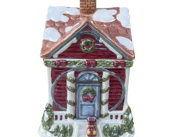 Vintage Victoria Ware Christmas House Cookie Jar Canister Holiday Cottage Christmas Village Decor Collectible Cookie Storage 11” Cottagecore