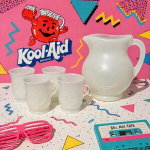 Vintage Kool-Aid Ghost Pitcher & 4 Matching Cups Set Frosted Plastic 80s 90s Smiley Face Drinkware Rare Complete Set Nostalgia Decor