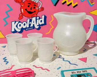 Vintage Kool-Aid Ghost Pitcher & 4 Matching Cups Set Frosted Plastic 80s 90s Smiley Face Drinkware Rare Complete Set Nostalgia Decor