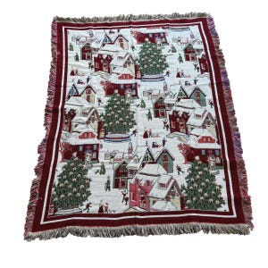Vintage Christmas Village Tapestry Throw Blanket Nutcracker Christmas Tree Victorian Holiday Woven Fringe Traditional Christmas Decor