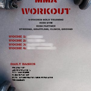Könnte beinhalten: Ein grauer Trainingsplan mit den Worten "HOME MMA WORKOUT" in Weiß und Rot. Der Plan beinhaltet ein 4-Wochen-Solo-Trainingsprogramm ohne Fitnessstudio und Partner. Der Plan beinhaltet auch Schlag-, Grappling-, Clinch- und Bodenübungen.