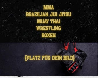 Może przedstawiać: Czarno-biała grafika promocyjna dla siłowni MMA. Projekt zawiera nazwę siłowni, listę oferowanych sztuk walki i miejsce na zdjęcie. Tekst "Probetraining" jest również uwzględniony.