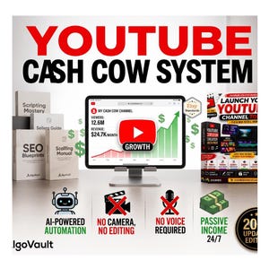 May include: A digital marketing bundle titled YOUTUBE CASH COW SYSTEM featuring a tablet displaying channel analytics, stacks of instructional guides labeled Scripting Mastery, Seller Guide, SEO Blueprints, and Scaling Manual, and icons for AI automation.