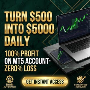 Könnte beinhalten: Ein Laptop und ein Smartphone zeigen grüne Finanzhandelsdiagramme auf einem dunklen Marmorhintergrund. Der Text lautet: TURN $500 INTO $5000 DAILY, 100% PROFIT ON MT5 ACCOUNT-ZERO% LOSS, GET INSTANT ACCESS, 100% AUTOMATED, GUARANTEED RECOVERY.